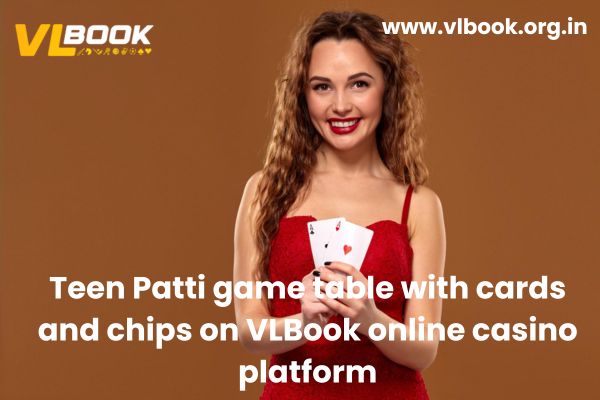 Teen Patti game table with cards and chips on VLBook online casino platform